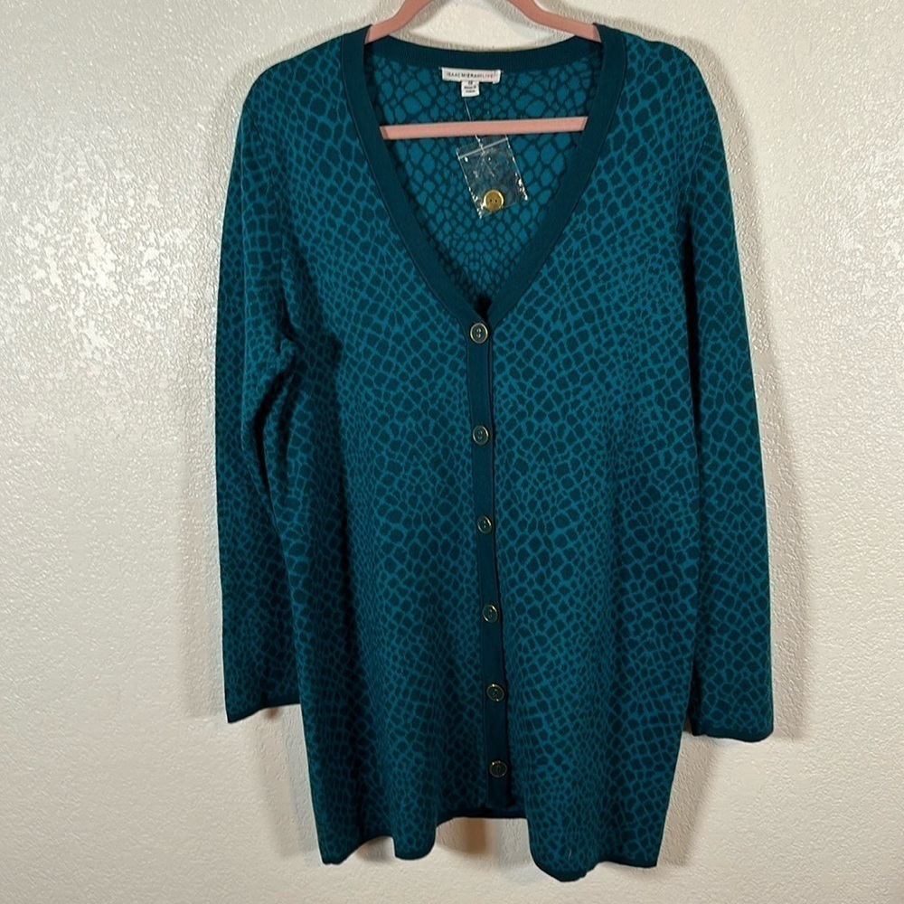 Isaac Mizrahi Live Blue Abstract Print Long Line Button Down Cardigan Size 1x